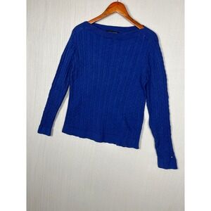 Tommy Hilfiger Sweater‎ Women L Blue Cable Knit Boat Neck Preppy Timeless